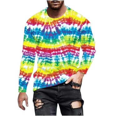 Dagegui Mens Long Sleeve Shirts Tie Dye Print Crew Neck Shirt Big and Tall Fall Outdoor Sport T-Shirts Casual Hawaiian Vacation Travel Tees Tops Clearance Sale Multicolor L