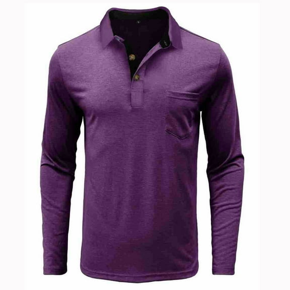 Dagegui Mens Long Sleeve T-Shirts Trendy Button Down Lapel Tops Lightweight Breathable Golf Shirts with Chest Pocket Purple XXL