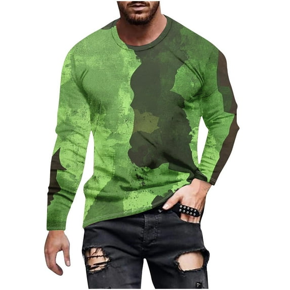 Dagegui Mens Long Sleeve T -Shirts Trendy Camo Print Pullover Tops Casual Crewneck Tees Lightweight Outdoor Active Camouflage Shirts Green,S