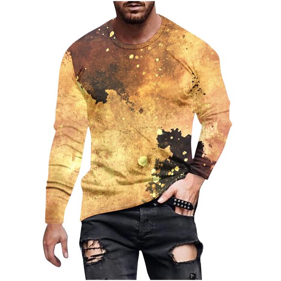 Dagegui Mens Long Sleeve T -Shirts Trendy Camo Print Pullover Tops Casual Crewneck Tees Lightweight Outdoor Active Camouflage Shirts Yellow,M