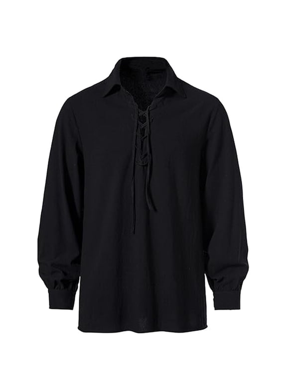 Mens Medieval Shirts Renaissance Lace Up V Neck Tops Vintage Long Sleeve Collared Tees Party Wear Black L