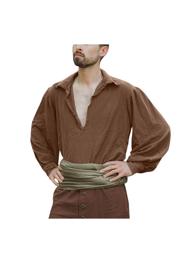 Mens Medieval Vintage Shirts Cotton Linen Long Sleeve V Neck Shirt Solid Color Casual Tees Soft Comfy Daily Tops Coffee XXL