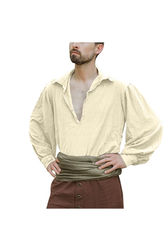 Mens Medieval Vintage Shirts Cotton Linen Long Sleeve V Neck Shirt Solid Color Casual Tees Soft Comfy Daily Tops Yellow XL