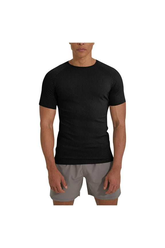 Mens Muscle Workout T-Shirt Ribbed Short Sleeve Gym Shirts Slim Fit Performance Athletic Tee Summer Black Pullover Tops M