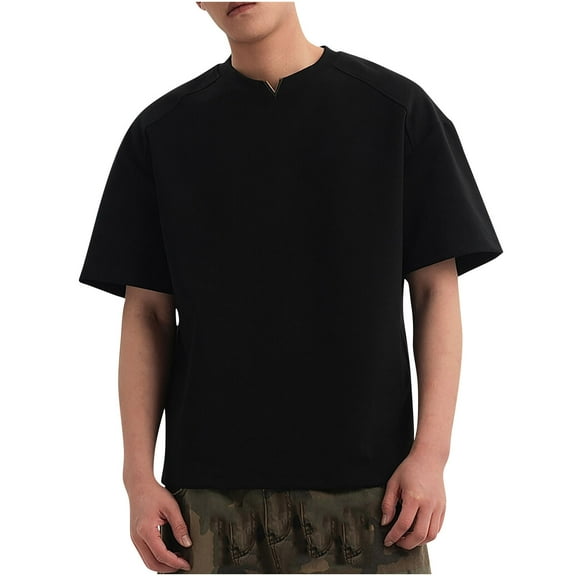 Dagegui Mens Notch V Neck T-Shirt Black Short Sleeve Basic Pullover Shirts Solid Summer Tee Casual Loose Fit Tops 2X