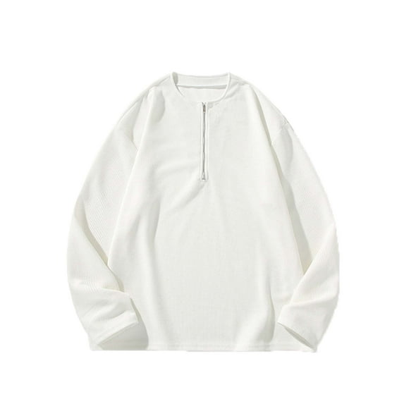 Dagegui Mens Oversized Shirts Long Sleeve 1/4 Zip up T-Shirt Cotton Casual Loose Fit Pullover Shirt Solid Color Fall Basic Tees Tops White L