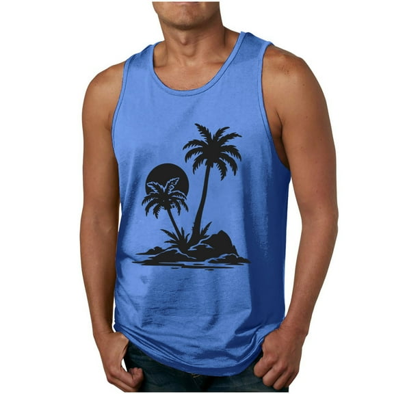 Dagegui Mens Palm Tree Print Tank Tops Casual Loose Beach Tank Top Big and Tall Workout Muscle Tanks Lightweight Summer Sport Tees Shirts Blue 2XL