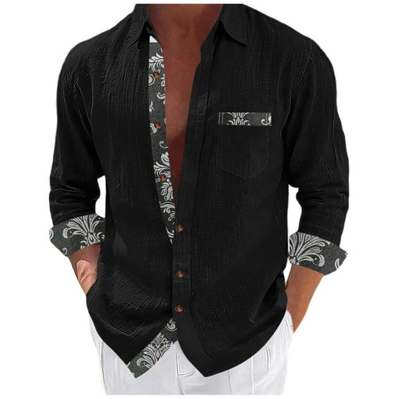 Dagegui Mens Patchwork Shirts Cotton Linen Long Sleeve Turndown Collar T-Shirts Button Down Casual Shirt with Chest Pocket Black S