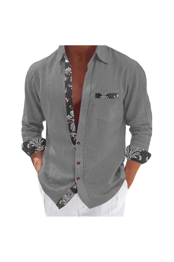 Mens Patchwork Shirts Cotton Linen Long Sleeve Turndown Collar T-Shirts Button Down Casual Shirt with Chest Pocket Gray L