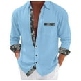 thumbnail image 1 of Dagegui Mens Patchwork Shirts Cotton Linen Long Sleeve Turndown Collar T-Shirts Button Down Casual Shirt with Chest Pocket Light Blue L, 1 of 6