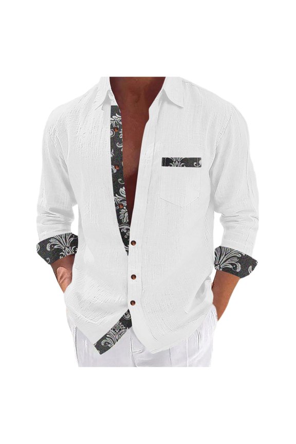 Mens Patchwork Shirts Cotton Linen Long Sleeve Turndown Collar T-Shirts Button Down Casual Shirt with Chest Pocket White L