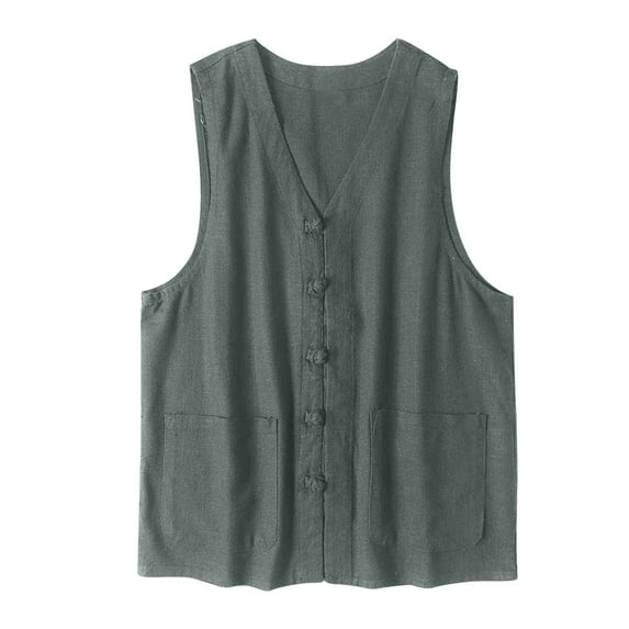 Dagegui Mens Plus Size Linen Vest Casual Button Down Sleeveless Jackets Vintage V-Neck Pockets Tank Tops Army Green L