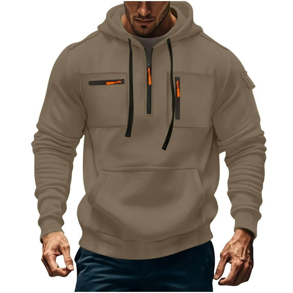 Dagegui Mens Pullover Hoodies Quarter Zip Drawstring Sweatshirt Fleece Hooded Long Sleeve Multi Pockets Outdoor Hiking Running Athletic Tops Brown S