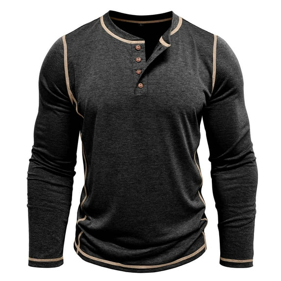 Dagegui Mens Shirts Long Sleeve Henley T-Shirts Round Neck Button Pullover Lightweight Workout Muscle Tee Black L