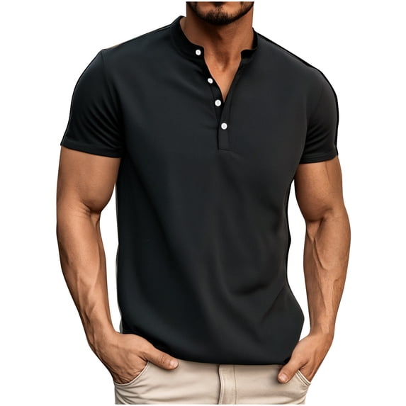 Dagegui Mens Short Sleeve Henley T-Shirts Black Short Sleeve Casual Basic Tees Buttons V-Neck Work Daily Shirts Summer Wear M