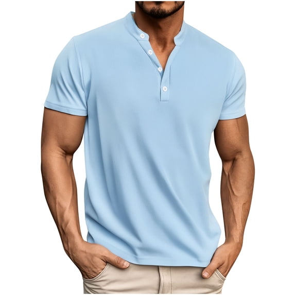 Dagegui Mens Short Sleeve Henley T-Shirts Light Blue Short Sleeve Casual Basic Tees Buttons V-Neck Work Daily Shirts Summer Wear 1X