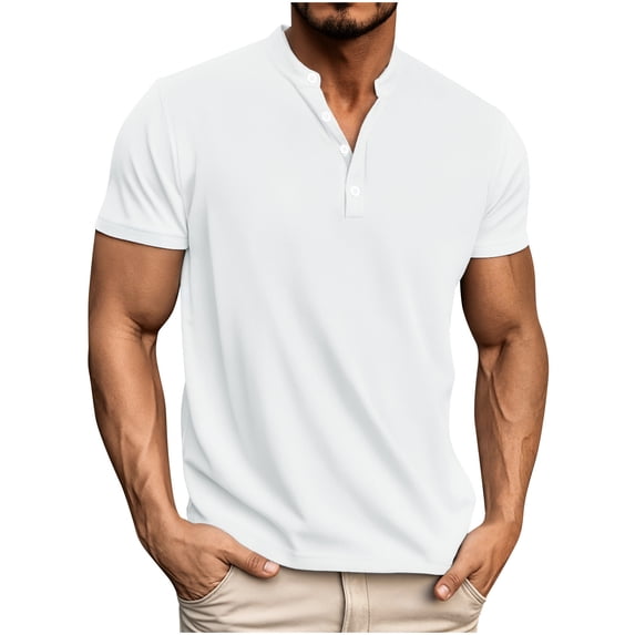 Dagegui Mens Short Sleeve Henley T-Shirts White Short Sleeve Casual Basic Tees Buttons V-Neck Work Daily Shirts Summer Wear M