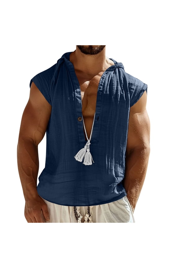 Mens Sleeveless Shirts Linen V-Neck Hooded Tank Tops Casual Lightweight Hawaiian Vacation Beach Tanks Summer Vest Navy L