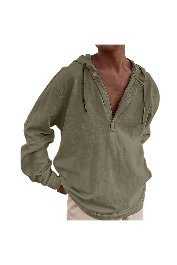 Mens Solid Hoodies Lightweight Button Down Hooded Shirt with Drawstring Casual V Neck Loose Fit T-Shirts Beach Vacation Travel Tops Army Green M