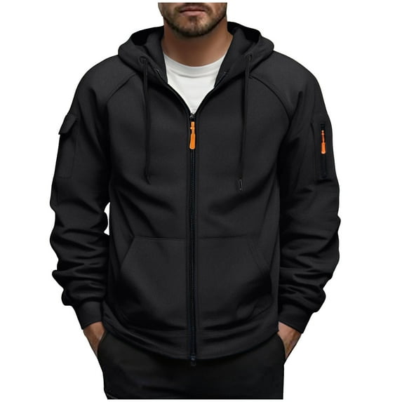 Dagegui Mens Sport Hoodies Full Zip Long Sleeve Drawstring Hooded Sweatshirt Thin Fleece Lined Coats Athletic Outerwear Black M