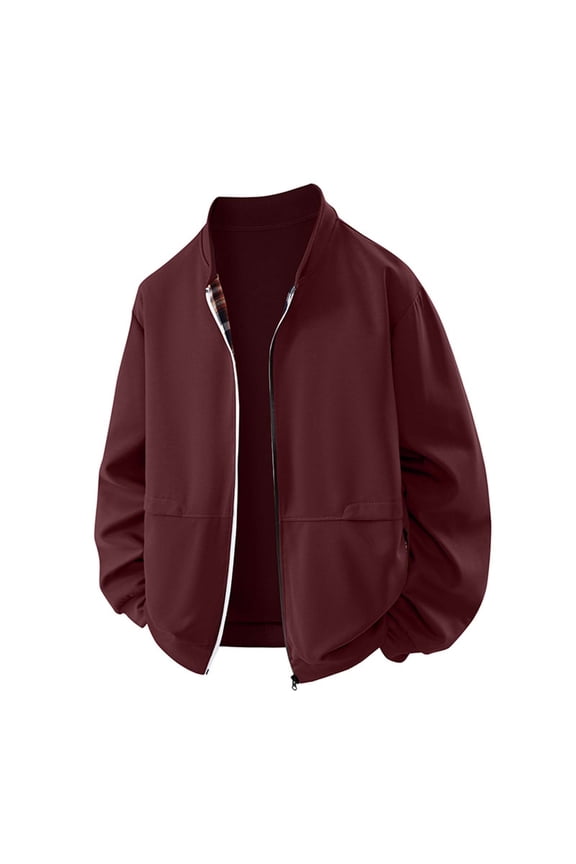 Mens Stand Collar Full Zip Jacket Vintage Plaid Patchwork Long Sleeve Casual Trendy Fall Varsity Outerwear Wine S