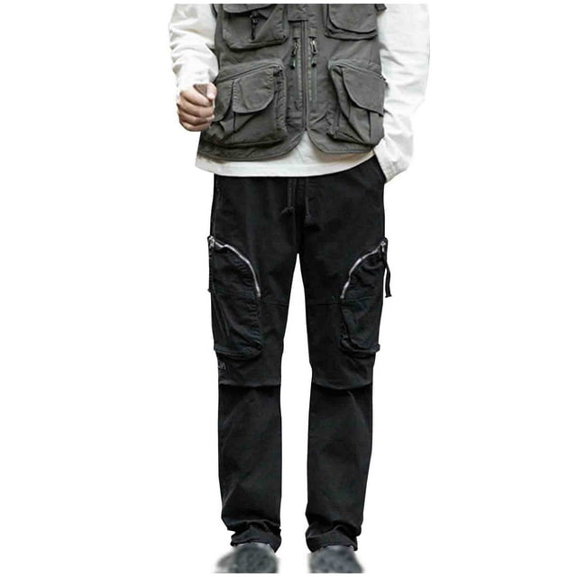 Dagegui Mens Straight Leg Tactical Pants Cotton Elastic Waist Cargo Pant with Zip Pockets Big and Tall Running Jogger Athletic Trousers Outdoor Work Pants Black,XXXXXL
