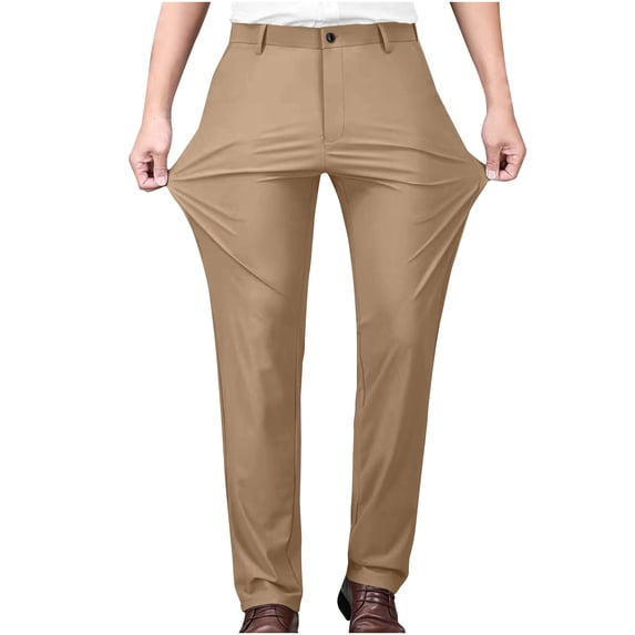 Dagegui Mens Stretch Suit Pant Formal Slim Fit Work Pants Basic Straight Leg Dress Pants with Pockets Khaki L