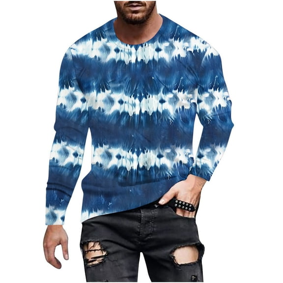 Dagegui Mens Striped Long Sleeve T-Shirts Crewneck Tie Dye Print Pullover Shirts Big and Tall Outdoor Sport Shirt Casual Beach Party Tees Tops Blue L