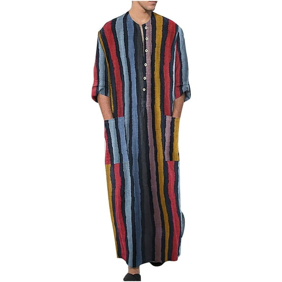 Dagegui Mens Striped Robe Button Up Long Sleeve Kaftan Thobe with Pockets Woven Casual Loose Fit Gown Fall Clothes Red,XL