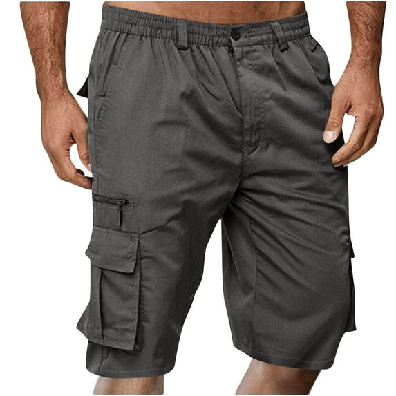Dagegui Mens Summer Shorts Elastic Waist Straight Leg Cargo Pants Solid Color Button Zipper Shorts Casual Loose Fit Multi Pocket Shorts Dark Gray XL