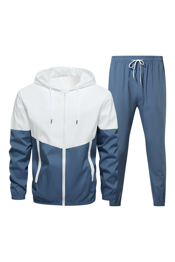 Mens Sweatsuits 2 Piece Long Sleeve Color Block Outfits Full Zip Up Windbreaker Jacket with Hood Elastic Waist Sweatpant Fall Winter Sets Blue 3XL