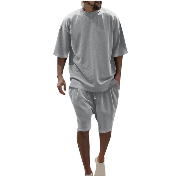 Dagegui Mens Sweatsuits 2 Pieces Trendy Crewneck T-Shirts and Short Pants Sets Drawstring Elastic Waist Pants Casual Loose Fit Set Gray L
