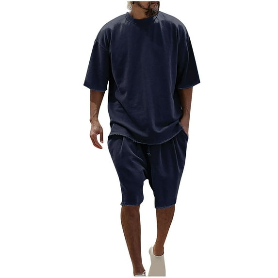 Dagegui Mens Sweatsuits 2 Pieces Trendy Crewneck T-Shirts and Short Pants Sets Drawstring Elastic Waist Pants Casual Loose Fit Set Navy L