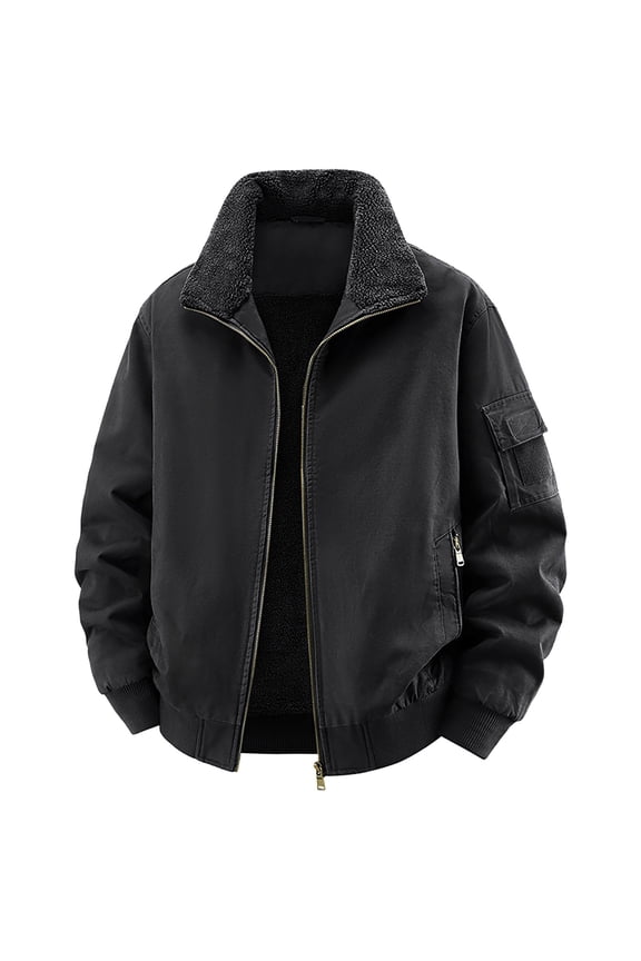 Mens Thick Jackets Fleece Lined Winter Warm Coat Full Zip Stand Collar Outwear with Pockets Black XXL