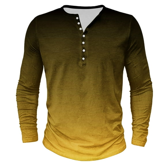Dagegui Men's Plus Size Henley Shirts Gradient Print Long Sleeve T Shirts Buttons Crew Neck Pullover Tops Lightweight Running Sport Tees Yellow,XL