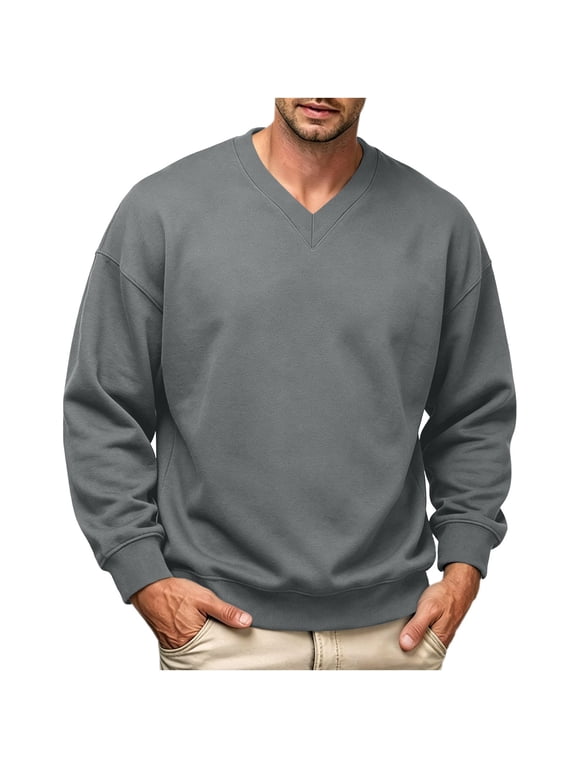 Mens V-Neck Sweatshirts Fleece Long Sleeve Pullover Plain Pullover Tops | Solid Color, Loose Fit, Casual, Ribbed Cuffs, Fall Winter Daily Wear Gray XXL