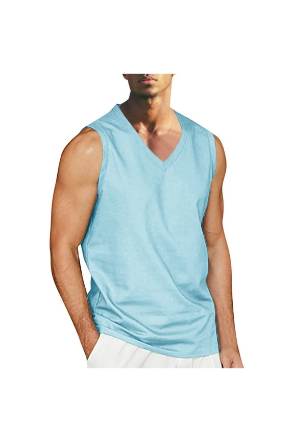 Mens V-Neck Tank Tops Cotton Linen Sleeveless Muscle Shirts Quick Dry Summer Tanks Casual Breathable Beach Tee Tops Sky Blue S