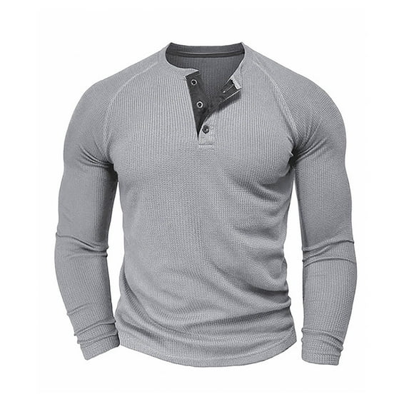 Dagegui Mens Waffle Henley Shirts Long Sleeve Button Pullover Tops Slim Fit Athletic Muscle Tee Fall Clothes Gray L