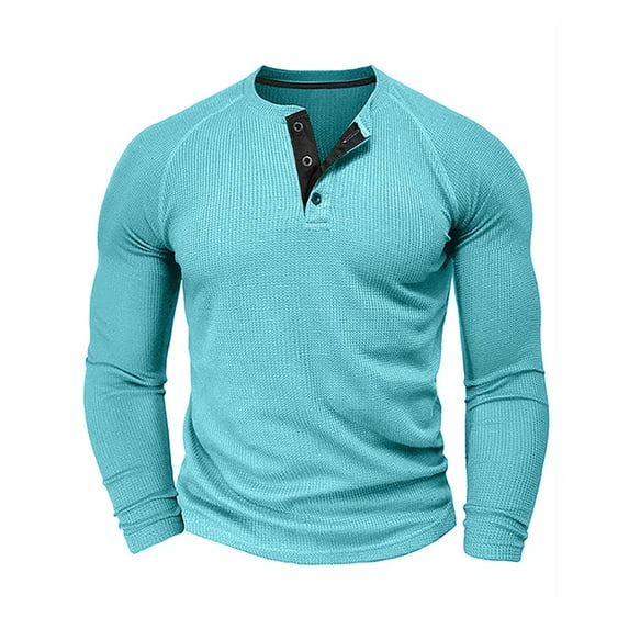 Dagegui Mens Waffle Henley Shirts Long Sleeve Button Pullover Tops Slim Fit Athletic Muscle Tee Fall Clothes Sky Blue L