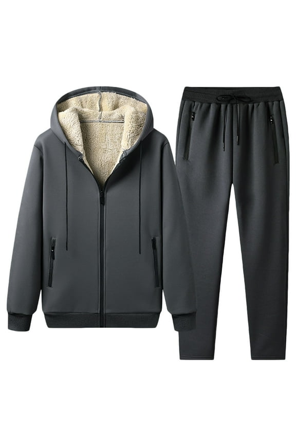 Mens Winter 2 Piece Sets Long Sleeve Thickened Fleece Full Zip Up Hoodies Sweatsuits Big and Tall Thermal Sweatshirts and Sweatpants Set Gray 4XL