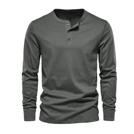 Dagegui Mens Work Henley Shirts Solid Crew Neck Tee Long Sleeve Buttons Pullover Fall Tops Dark Gray XXXL