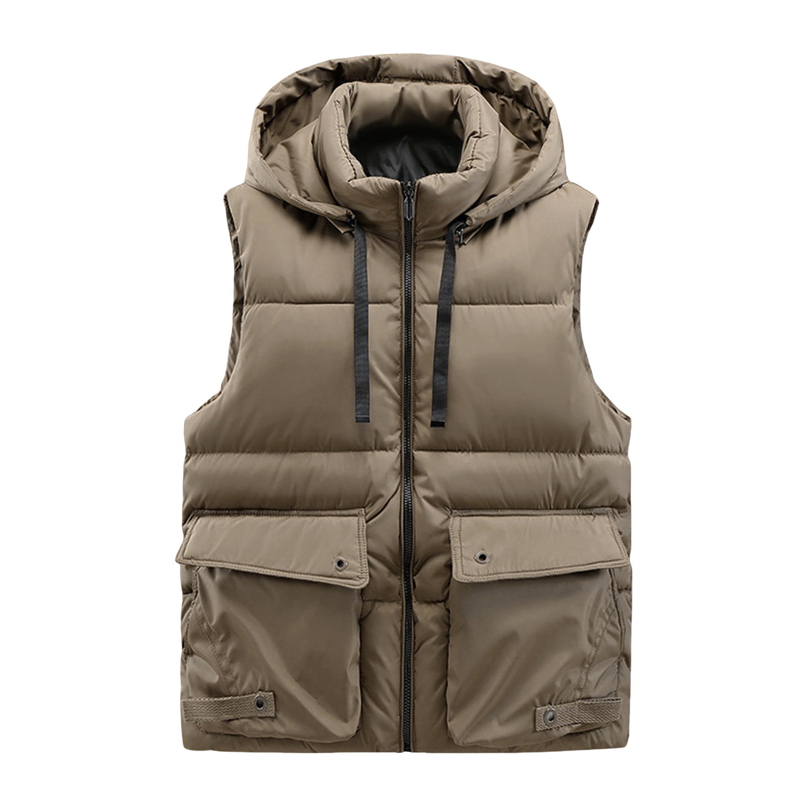 Dagegui Mens Zip Up Vest Puffer Warm Winter Sleeveless Jackets Fall Pockets Coats Lightweight Outdoor Running Hiking Travel Vests with Detachable Hood Khaki L