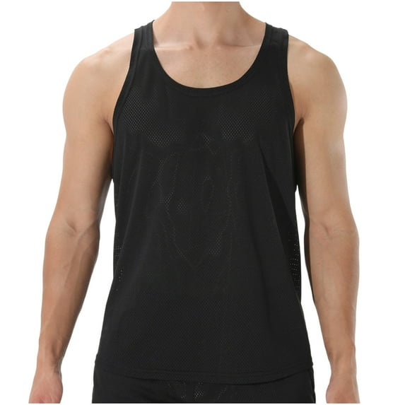 Dagegui Mesh Tank Tops for Men Thin Strap Workout Muscle Shirts Summer Crewneck Sleeveless T-Shirts Lightweight Breathable Swim Tanks Black L