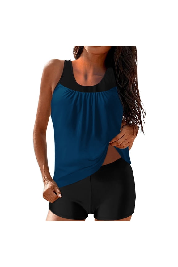 Modest Tankini Swimsuits for Women Athletic Bathing Suits Summer Blouson Tank Tops with Board Shorts 2 Piece Swimwear Blue L