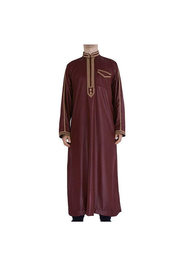 Muslim Robe for Men Arab Long Sleeve Kaftan Islamic Arabic Thobe Ramadan Middle Islamic Cloth Shirt Gown Wine,2XL