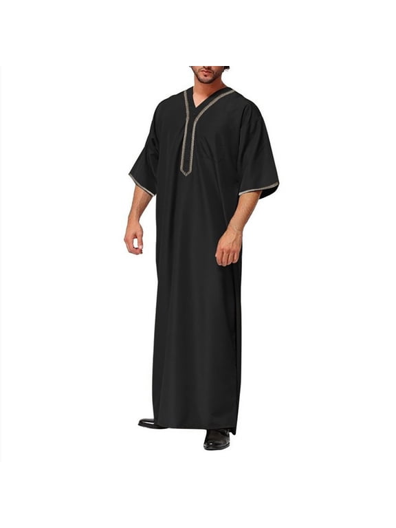 Muslim Saudi Arab Thobe for Men Half Sleeve Kaftan Islamic Arabic Maxi Dress Dubai Robe Clothing Casual Loose Long Gown Black,XL