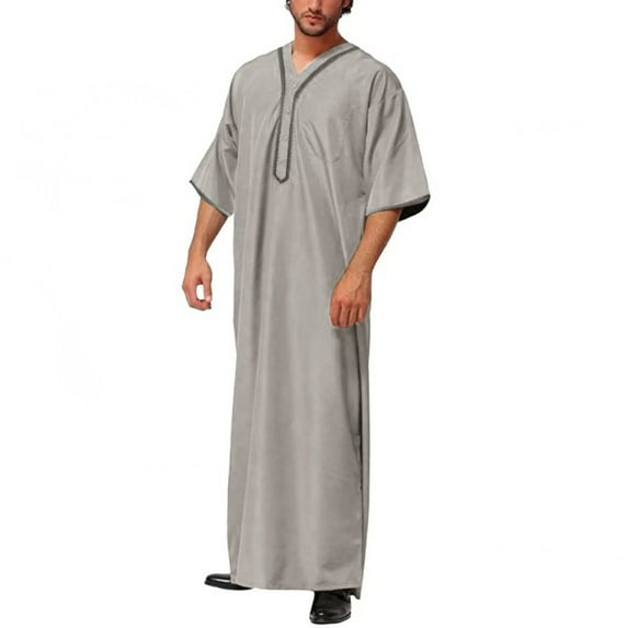 Dagegui Muslim Saudi Arab Thobe for Men Half Sleeve Kaftan Islamic Arabic Maxi Dress Dubai Robe Clothing Casual Loose Long Gown Gray,3XL