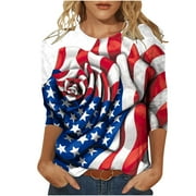 Dagegui My Orders Placed Recently By Me Womens American Flag Shirt 3/4 Sleeve Tshirts Crewneck Patriotic Stars Stripes Graphic Tees Memorial Day Fourth of July T-Shirt S