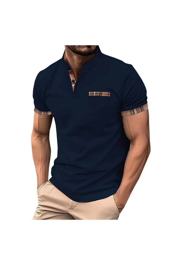 Navy Short Sleeve T Shirts for Men Trendy Dress Work Shirt Patchwork Button Down Pullover Tops Summer Business Tees M