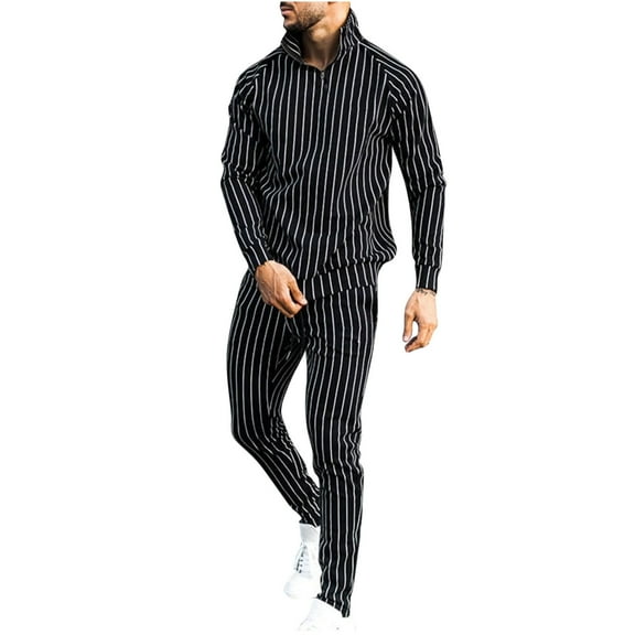 Dagegui Outfit Sets for Men Casual Striped Print Outfits Turndown Long Sleeve Shirts and Slim Fit Pants Trendy Party Set Clothes Black L